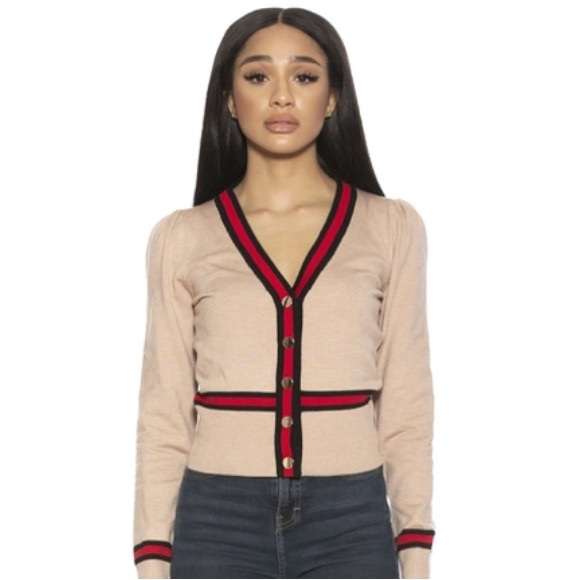 Alexia Admor Sweaters - Alexia Admor Frances Stripe Trim Cardigan | Camel, Red & Black | Size M